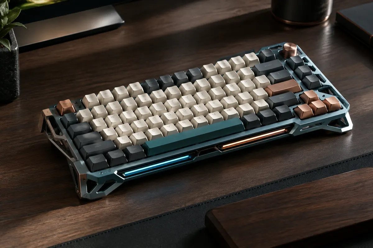 Clavier mécanique 75 % au châssis exosquelette en aluminium et à l’éclairage RGB, posé sur un bureau sombre.
