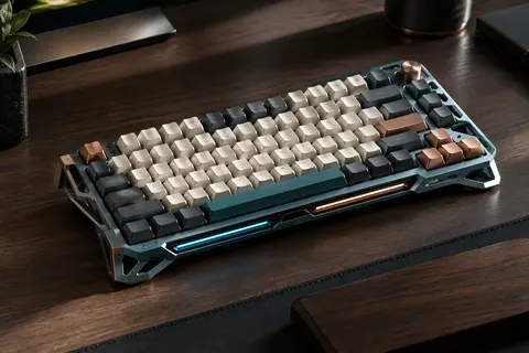 Clavier mécanique 75 % au châssis exosquelette en aluminium et à l’éclairage RGB, posé sur un bureau sombre.