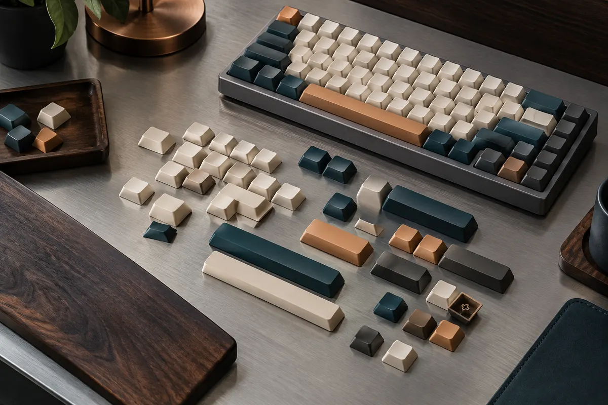 Lot de keycaps XDA en PBT lait miel, avec extracteur posé sur un bureau sobre