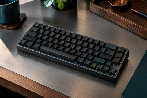 Clavier mécanique compact noir au format 65 %, touches fléchées visibles et rétroéclairage RGB sur un bureau sobre.