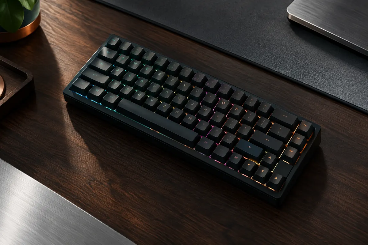 Clavier mécanique HyperX compact noir au format 65 %, avec touches QWERTY et éclairage RGB.