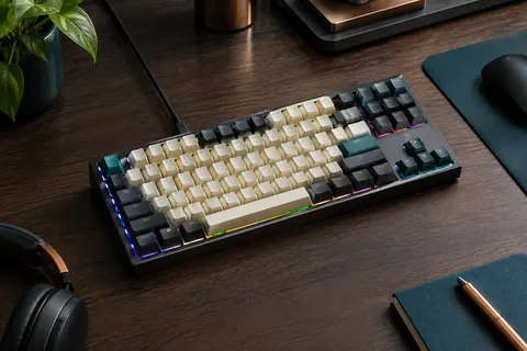 Clavier mécanique Keychron C1 Pro au format TKL, touches PBT et rétroéclairage RVB sur un bureau sobre.