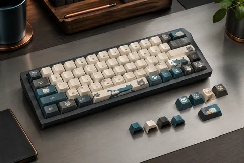 Keycaps KiiBOOM Mewsic au profil MAO, ornés de motifs félins pastel sur un clavier mécanique.