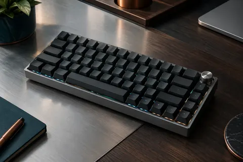 Clavier mécanique compact gris à 66 touches, touches sombres, éclairage RGB et molette de volume sur un bureau