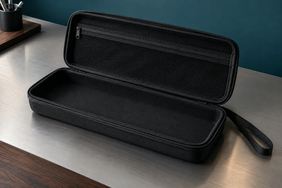 Étui rigide noir Linkidea pour clavier TKL, ouvert sur sa poche intérieure en maille zippée.