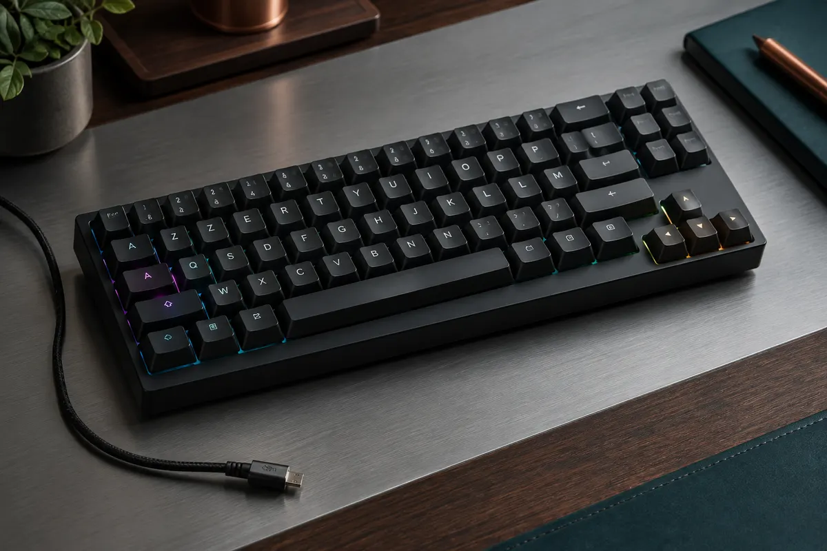 Clavier mécanique TKL noir AZERTY avec touches RGB et câble micro-USB détachable sur un bureau sobre