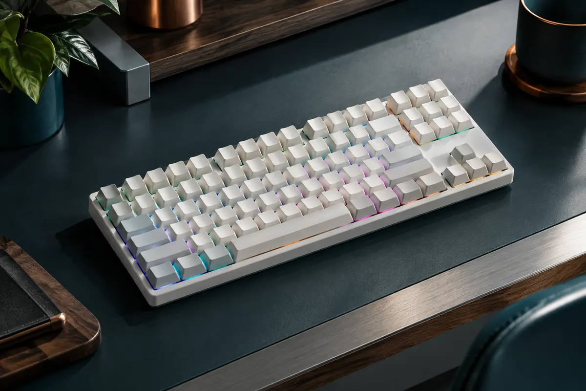 Clavier mécanique blanc TKL à profil bas et touches rétroéclairées, posé sur un bureau sobre.