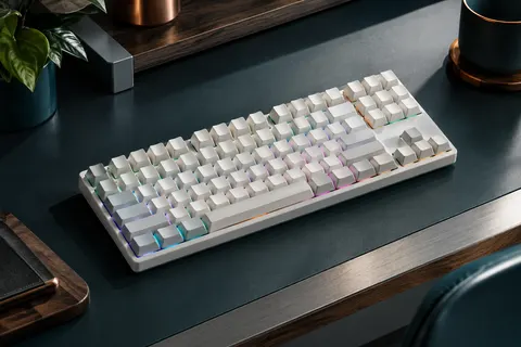 Clavier mécanique blanc TKL à profil bas et touches rétroéclairées, posé sur un bureau sobre.