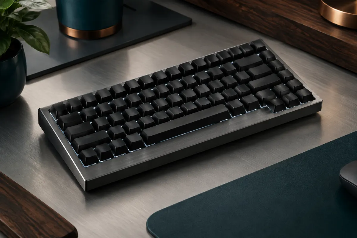 Clavier mécanique TKL noir à touches PBT et cadre en métal brossé, posé sur un bureau sobre