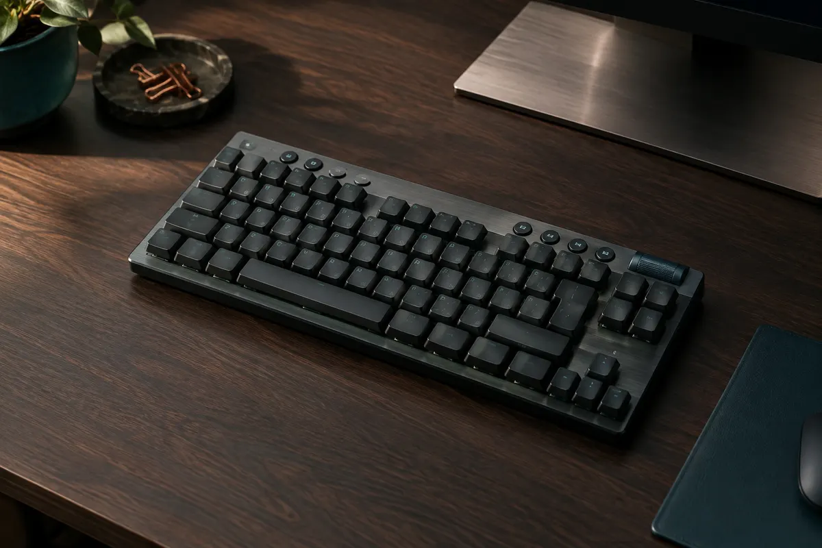 Clavier mécanique noir Logitech G915 TKL à profil bas, posé sur un bureau sombre avec ses touches compactes visibles
