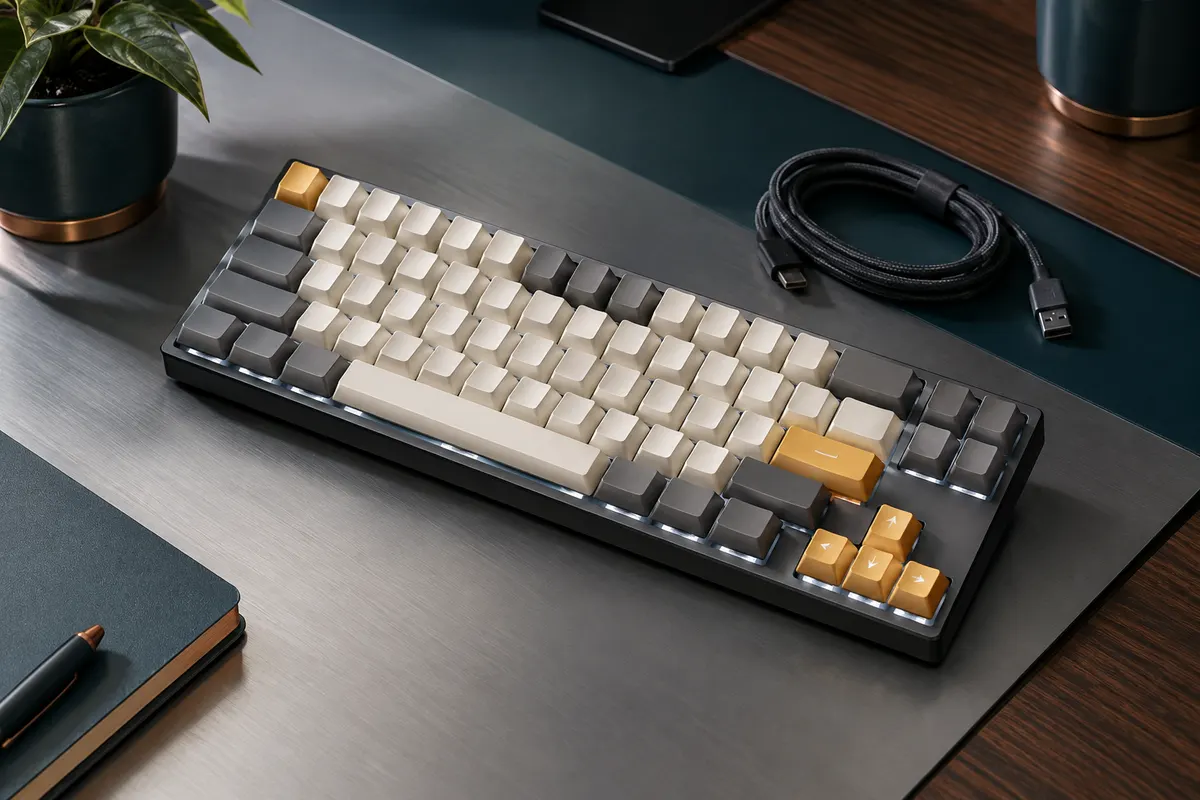Clavier mécanique compact blanc et gris à 68 touches, avec flèches séparées et rétroéclairage LED blanc.