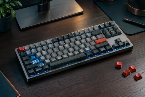 Clavier MageGee compact gris et noir de 87 touches, éclairé en bleu, avec des touches rouges à côté.