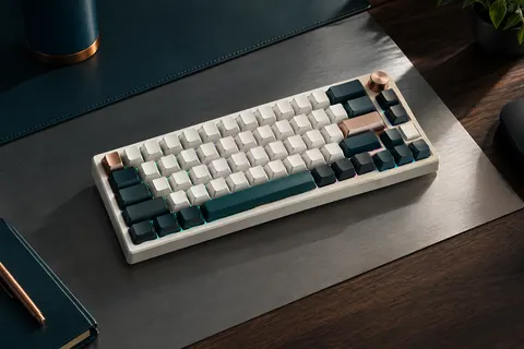 Clavier mécanique compact blanc de 66 touches, avec molette et rétroéclairage RVB sur un bureau sobre.