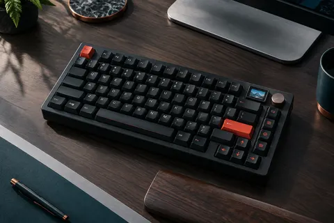 Clavier mécanique compact noir et rouge avec écran, molette et disposition 75 % sur un bureau sobre.