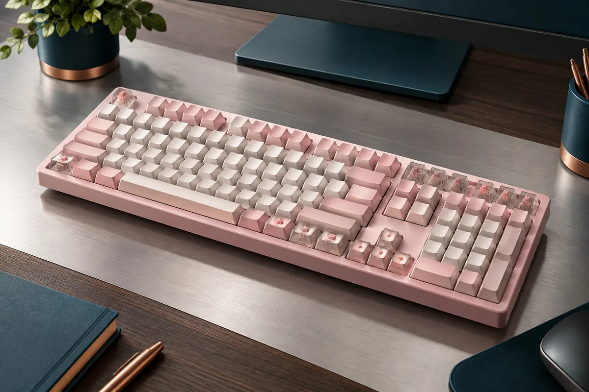 Clavier mécanique rose au format 96 % avec pavé numérique, touches PBT et rétroéclairage RVB.