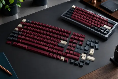 Jeu de keycaps mintcaps rouge foncé au profil Cherry, disposé près d’un clavier compact