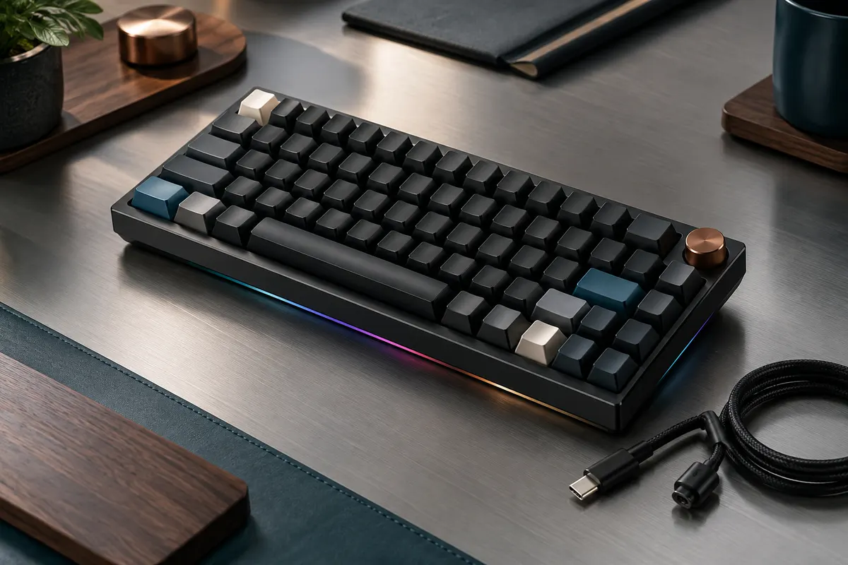 Clavier mécanique compact noir Newmen au format 75 %, avec touches rétroéclairées et câble USB-C amovible.