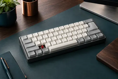 Clavier mécanique compact Newmen GM610 aux touches blanc ivoire et grises, avec un switch rouge visible