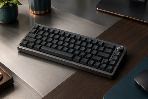 Clavier mécanique compact noir à profil bas, format 75 %, touches mates et molette sur un bureau sobre.