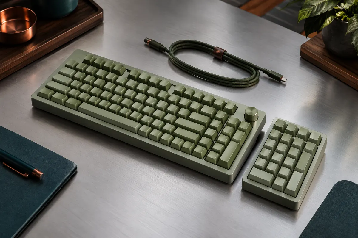 Clavier mécanique compact vert matcha avec pavé numérique, éclairage RVB et molette supérieure