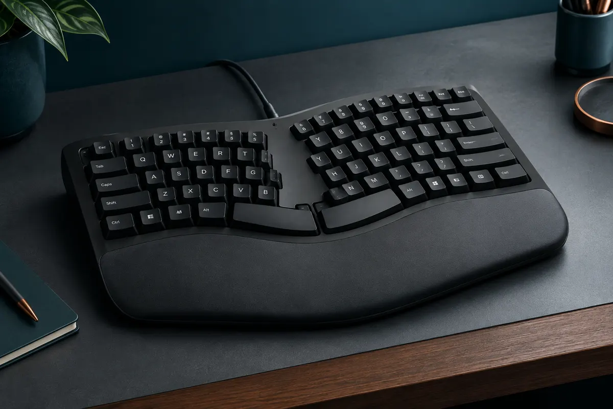 Clavier mécanique ergonomique Perixx noir avec disposition des touches en groupes séparés et repose-poignet intégré