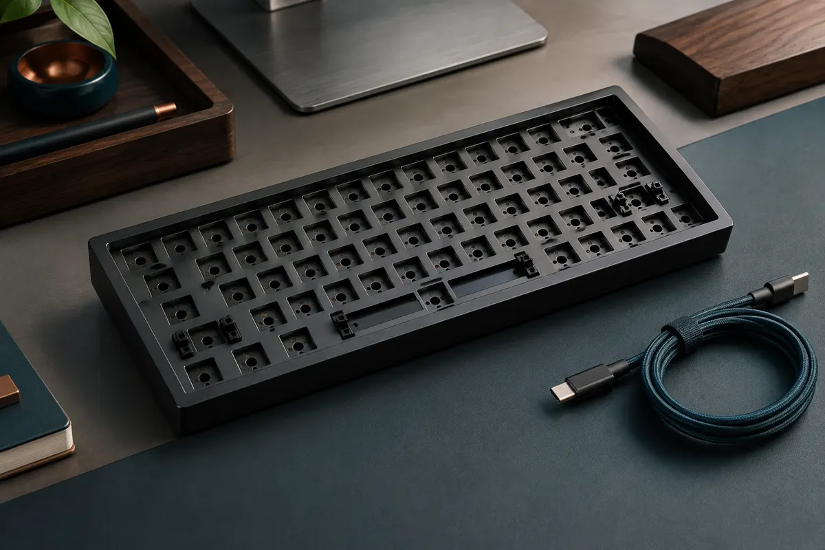 Clavier barebone noir compact de 61 touches, sans switches ni capuchons, avec son câble USB-C.