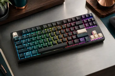 Clavier mécanique TKL noir AZERTY, éclairé en RGB et présenté sur un bureau sobre