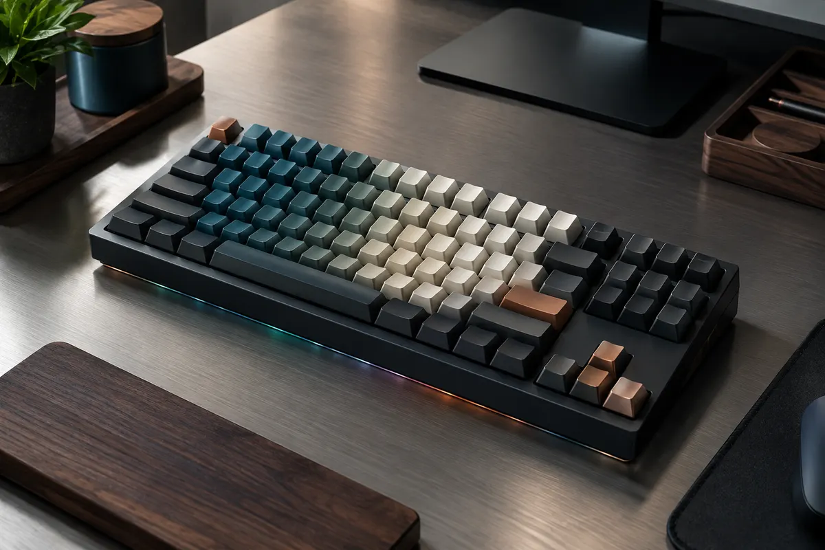 Clavier mécanique TKL Redragon à touches PBT dégradées et rétroéclairage RVB sur un bureau sobre.