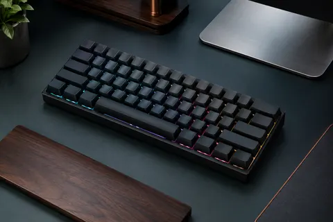 Clavier mécanique compact noir de 61 touches avec rétroéclairage RVB sur un bureau sobre