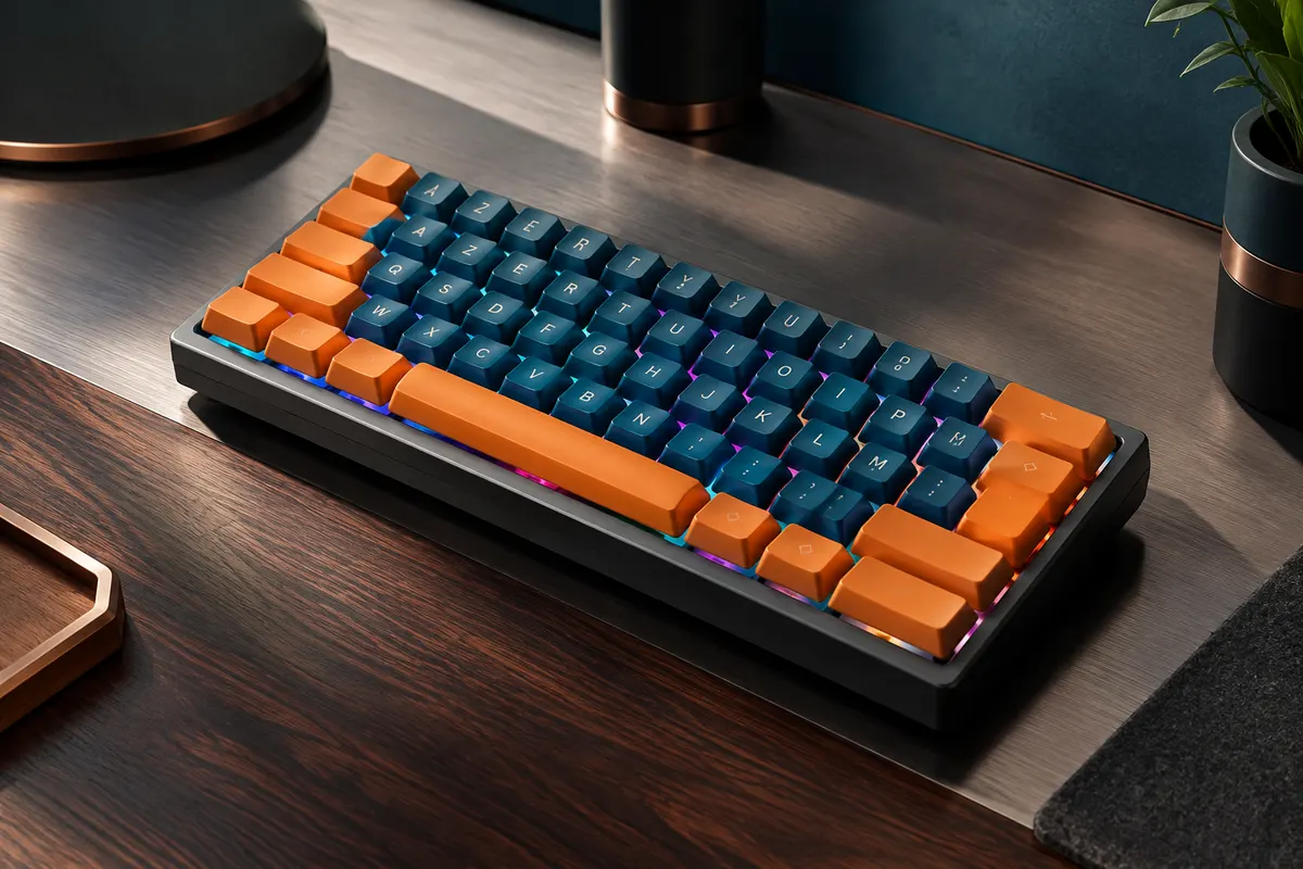 Clavier mécanique compact AZERTY aux touches orange et bleues, avec éclairage RGB sur un bureau sobre.