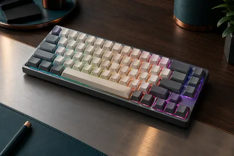 Clavier mécanique compact gris et blanc de 68 touches, avec rétroéclairage RGB sur un bureau sobre.