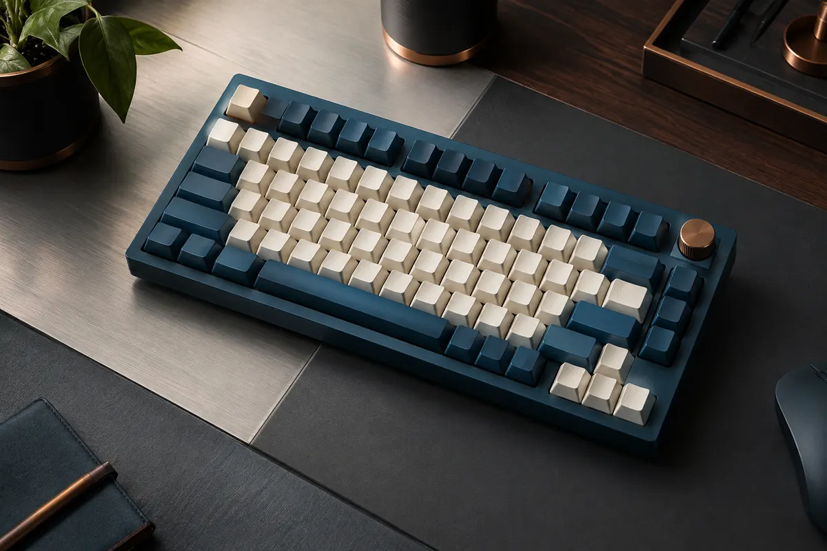 Clavier mécanique compact bleu vintage à 81 touches, avec touches bleu profond et ivoire et molette dédiée