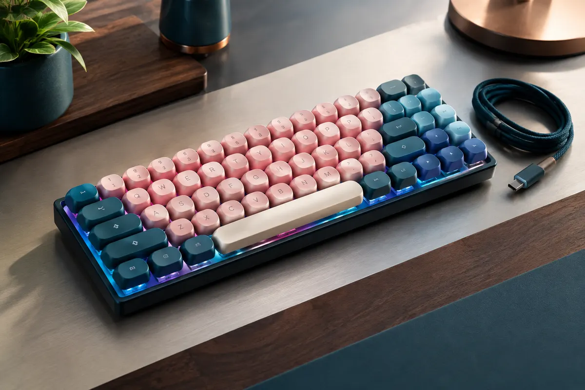 Clavier mécanique compact 65 % rose et bleu, à touches rondes, posé sur un bureau sombre