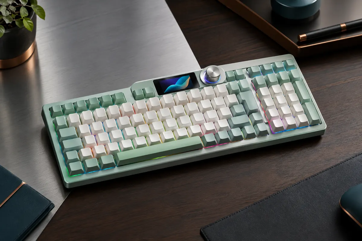 Clavier mécanique Redragon 96 touches menthe et blanc avec pavé numérique, écran TFT et molette