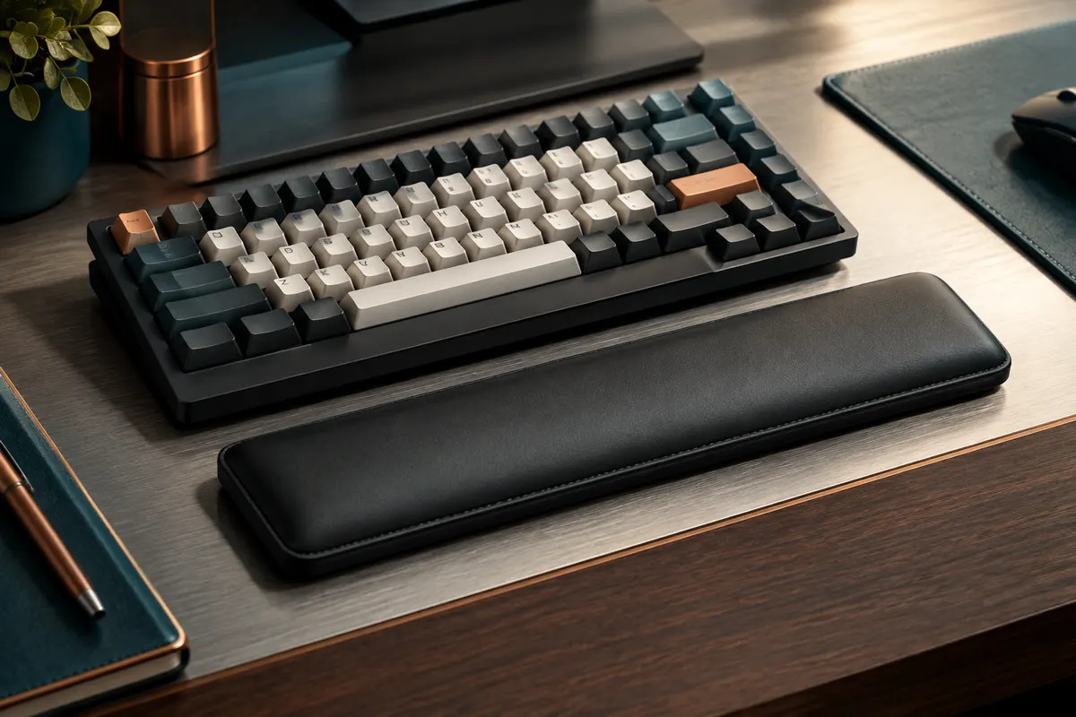 Repose-poignets compact noir en simili cuir placé devant un clavier mécanique 60 % sur un bureau sobre.