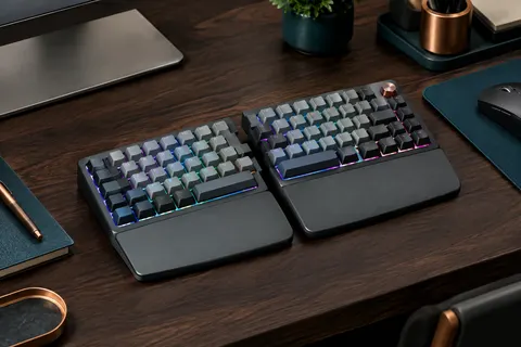 Clavier mécanique compact gris RK S70 présenté en deux parties, avec repose-poignets intégré et rétroéclairage RVB