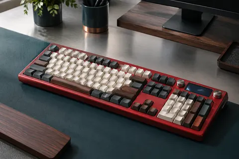 Clavier mécanique compact rouge avec pavé numérique, écran LCD et deux commandes rotatives sur un bureau sobre.