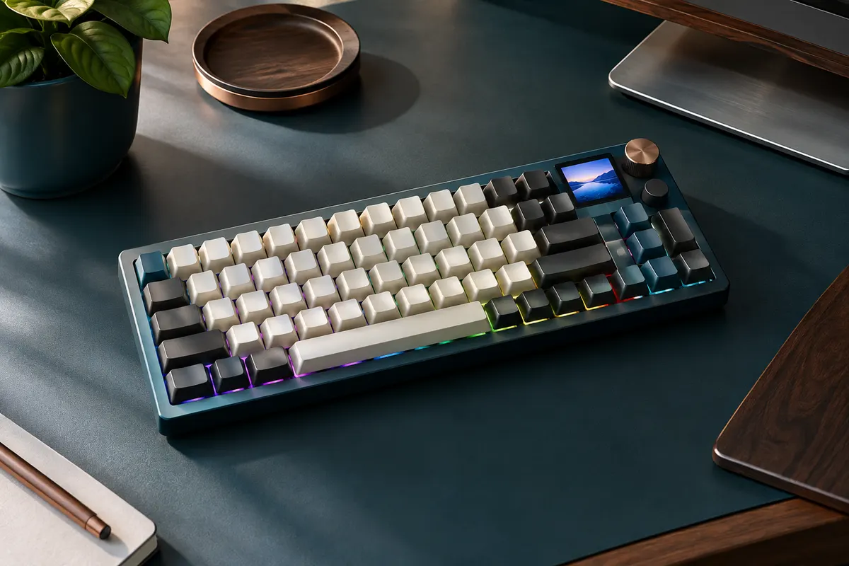 Clavier mécanique compact rouge avec écran couleur, deux commandes et rétroéclairage RVB