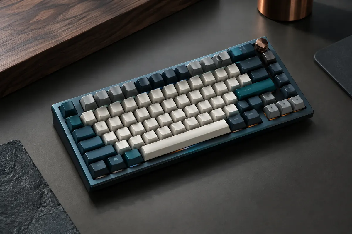 Clavier mécanique compact bleu et gris avec molette, touches PBT et rétroéclairage RVB sur un bureau sobre.