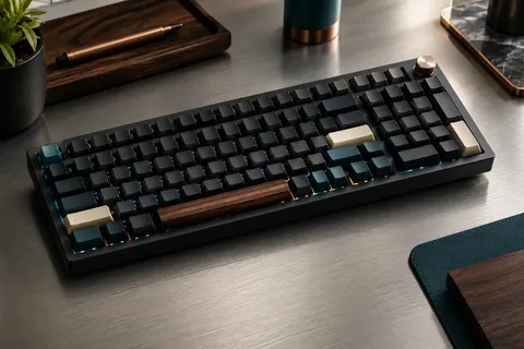 Clavier mécanique noir 96 % avec pavé numérique, touches RGB et molette de volume sur un bureau sobre.