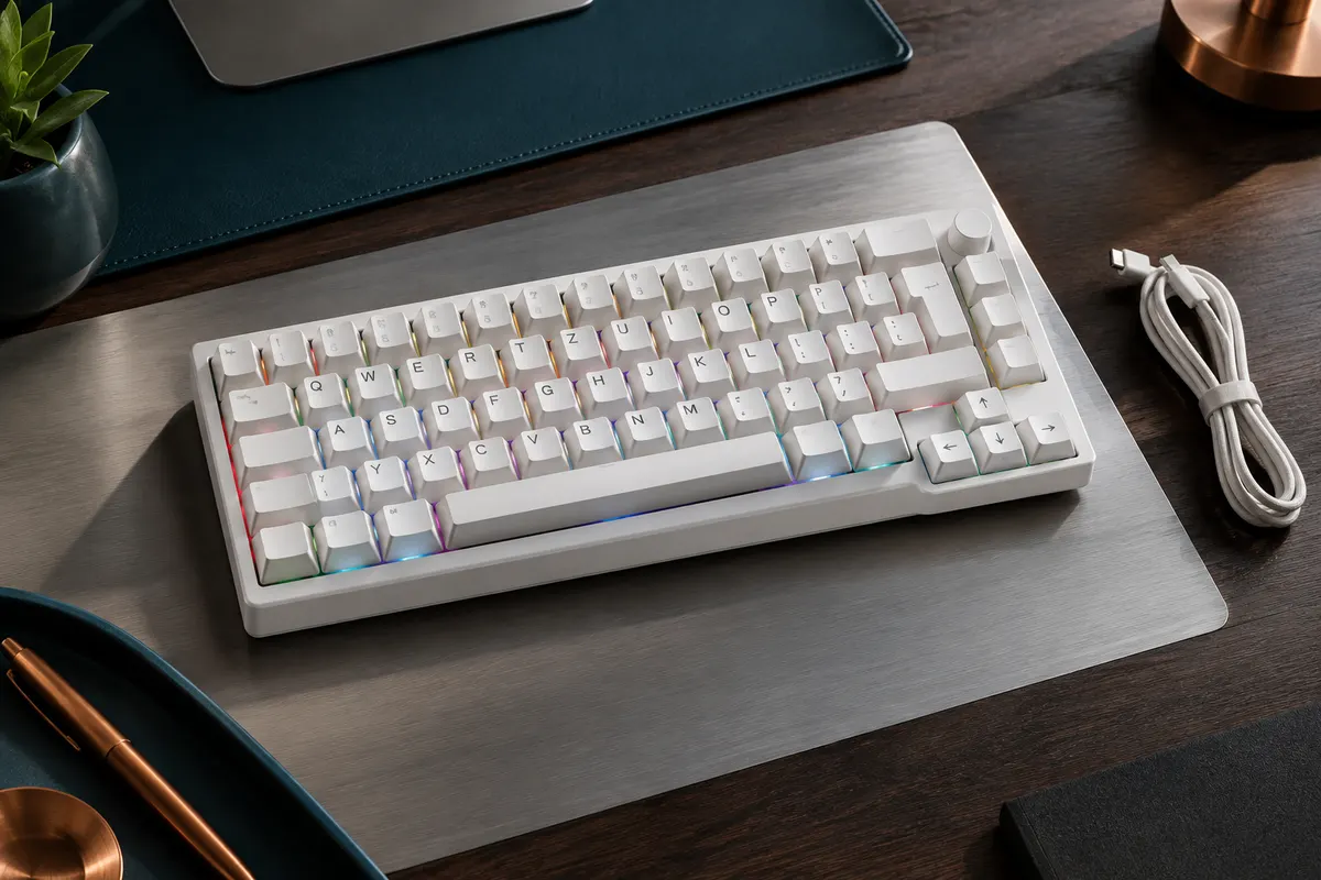 Clavier mécanique blanc RK84-DE au format 75 %, touches QWERTZ et rétroéclairage RVB sur un bureau sobre.