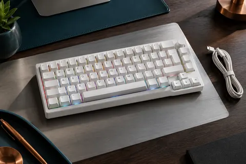 Clavier mécanique blanc RK84-DE au format 75 %, touches QWERTZ et rétroéclairage RVB sur un bureau sobre.