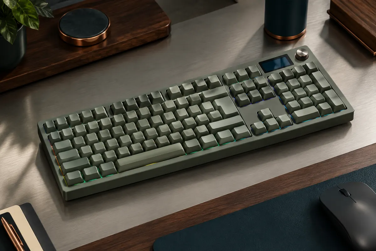 Clavier mécanique RK S98 FR vert argile, format 96 % AZERTY avec pavé numérique, écran et molette.
