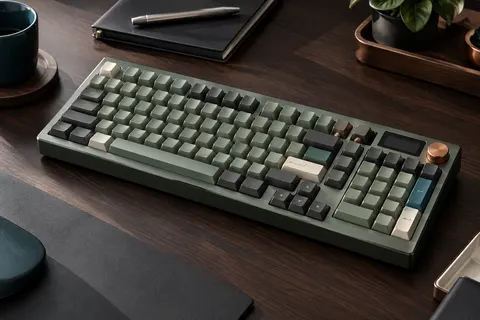Clavier mécanique RK S98 vert argile, avec pavé numérique, écran OLED et molette sur un bureau sobre.