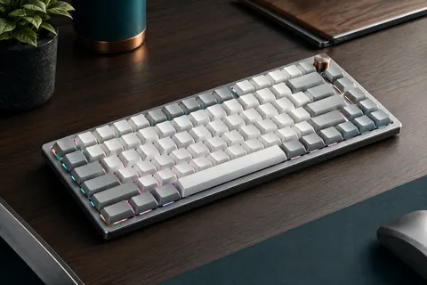 Clavier mécanique Satechi 75 % gris et blanc, aux touches rétroéclairées, posé sur un bureau sobre.