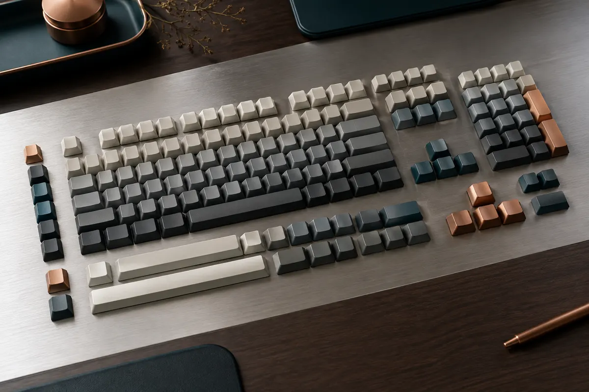 Jeu de 136 keycaps PBT gris au profil OEM, avec légendes latérales et texture mate