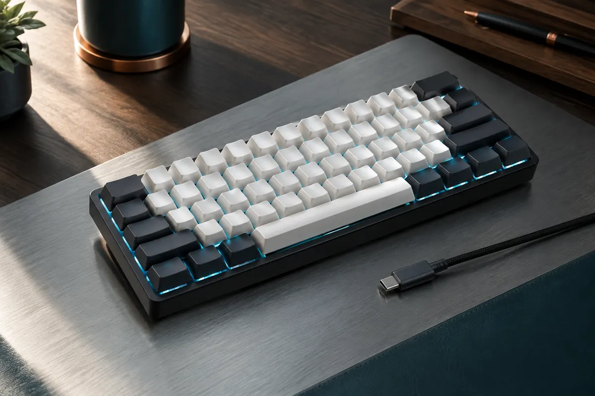 Clavier mécanique compact Snpurdiri noir et blanc à 61 touches, éclairé en bleu glacier sur un bureau sobre.
