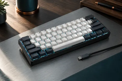 Clavier mécanique compact Snpurdiri noir et blanc à 61 touches, éclairé en bleu glacier sur un bureau sobre.
