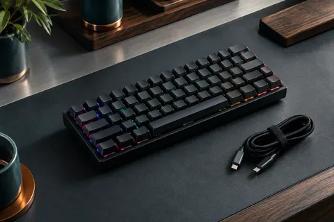 Clavier mécanique compact Snpurdiri V900 sombre à touches rouges, posé avec son câble USB-C sur un bureau sobre.