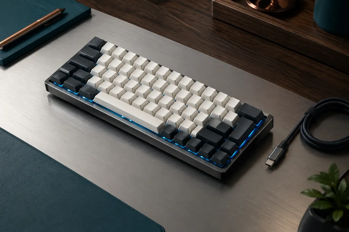 Clavier mécanique compact SOLIDEE à touches noires et blanches, éclairage bleu et câble USB-C